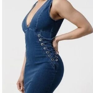 C’Est Toi in California Women's  Denim Stretch Bodycon Midi Dress Size L V Neck